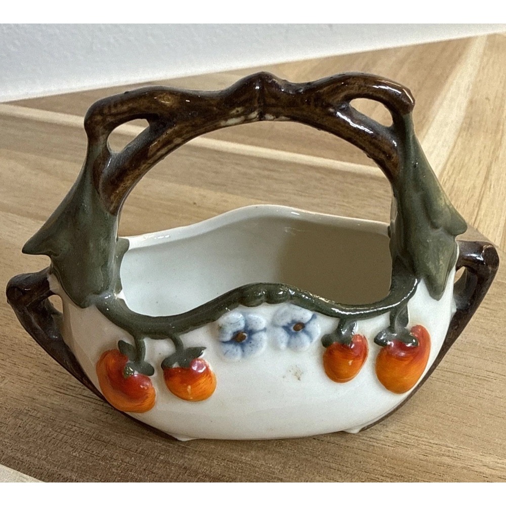 Meissen Vase Antique China Porcelain Basket 4x3" Strawberries‎ And Blossoms